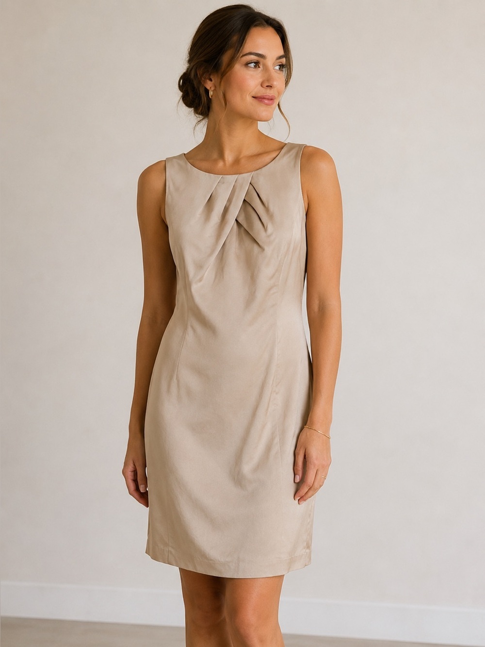 Planet Women’s Linen Blend Pleated Neckline Sleeveless Dress 10 Tan